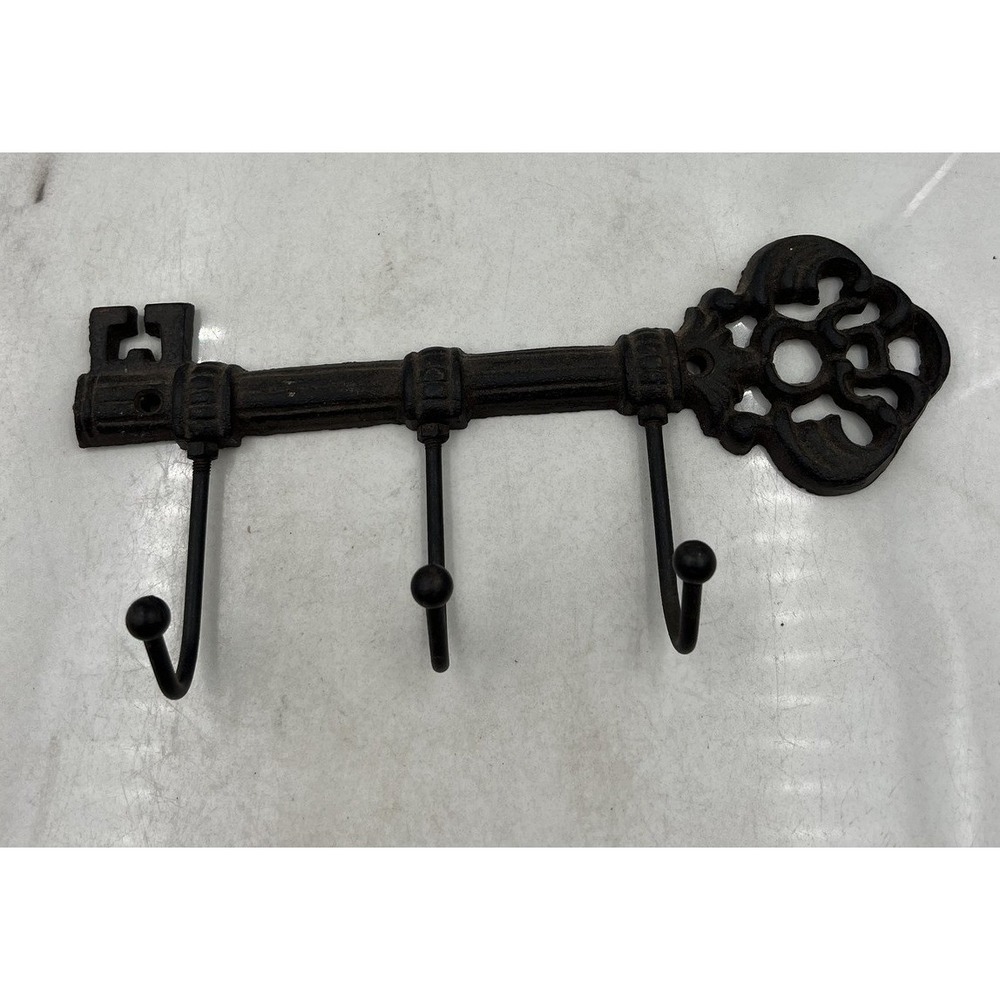 Vintage Cast Iron Skeleton Key Wall Hook Rack 3 Hook Brown Rustic Decor